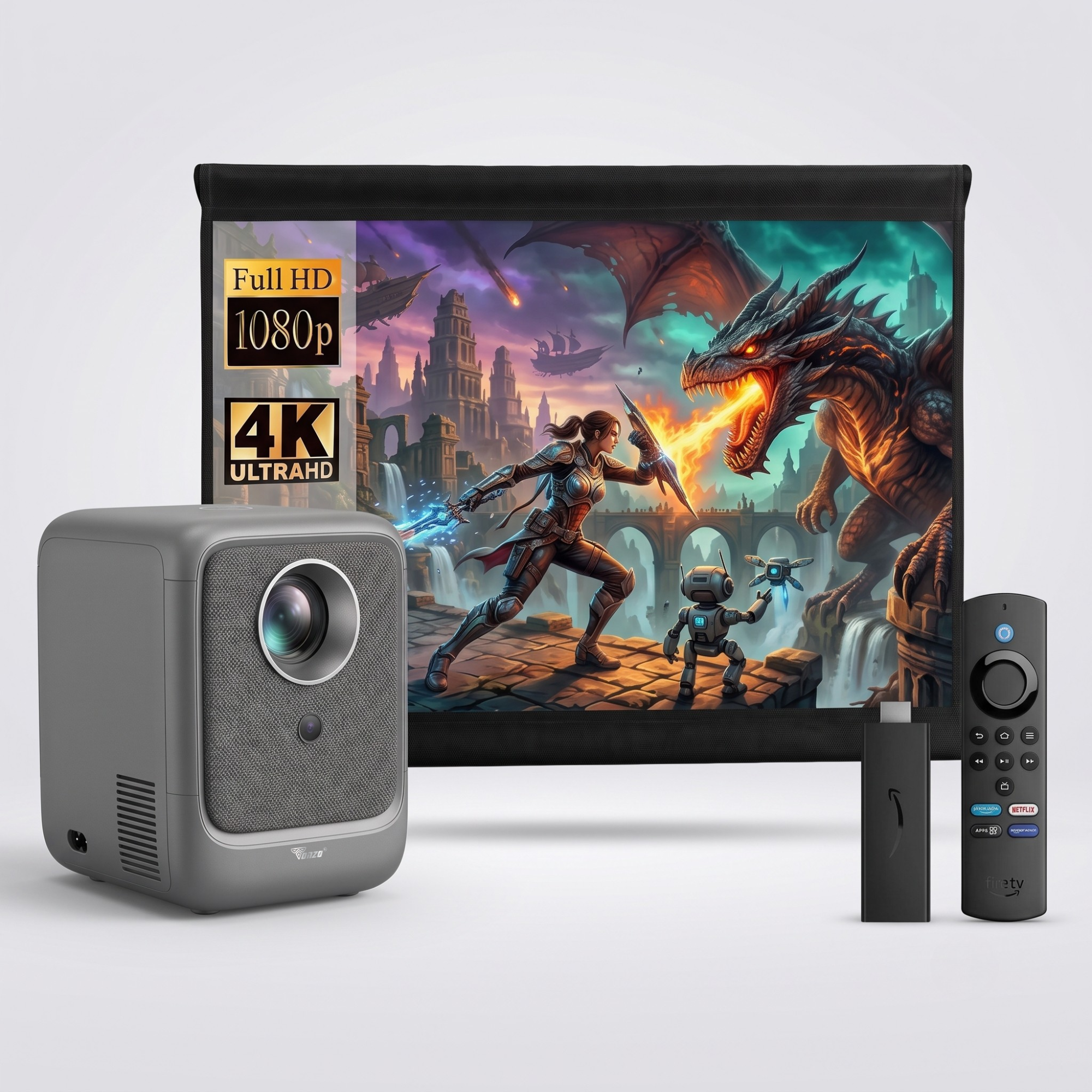 Combo Offer | Cinema X2 LED Projector + Fabric Screen 84 Inches + Fire TV Stick